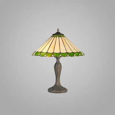 Ware 2 Light Curved Table Lamp E27 With 40cm Tiffany Shade, Green Cream Crystal Aged Antique Brass