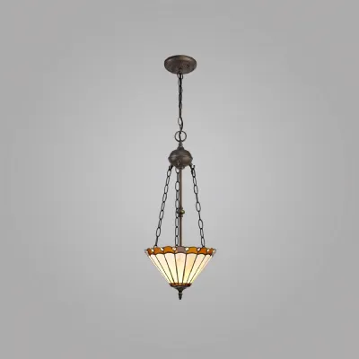 Ware 2 Light Uplighter Pendant E27 With 30cm Tiffany Shade, Amber Cream Crystal Aged Antique Brass