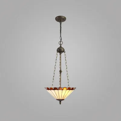 Ware 3 Light Uplighter Pendant E27 With 40cm Tiffany Shade, Amber Cream Crystal Aged Antique Brass