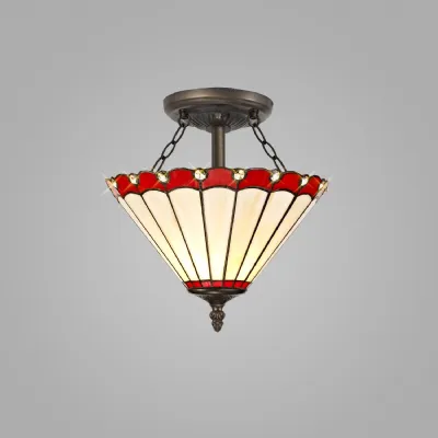 Ware 2 Light Semi Flush E27 With 30cm Tiffany Shade, Red Cream Crystal Aged Antique Brass