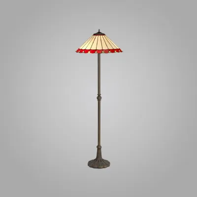 Ware 2 Light Leaf Design Floor Lamp E27 With 40cm Tiffany Shade, Red Cream Crystal Aged Antique Brass