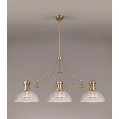 Sandy 3 Light Linear Pendant E27 With 33.5cm Prismatic Glass Shade, Antique Brass, Clear