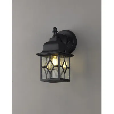 Horsham Down Square Criss Cross Wall Lamp, 1 x E27, IP44, Sand Black Clear Seeded Glass, 2yrs Warranty
