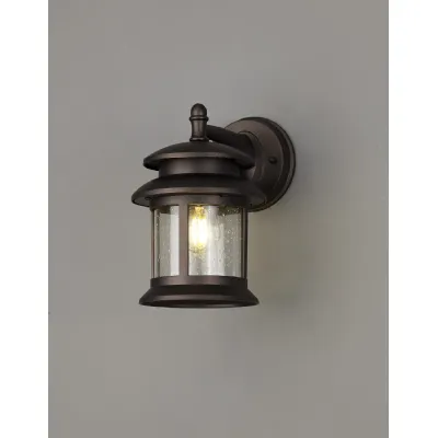 Horsham Down Round Wall Lamp, 1 x E27, IP44, Antique Bronze Clear Seeded Glass, 2yrs Warranty