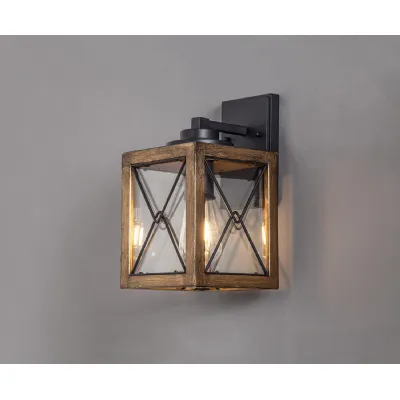 Liss Small Wall Lamp, 1 x E27, Wood Effect And Black Clear Glass, IP54, 2yrs Warranty