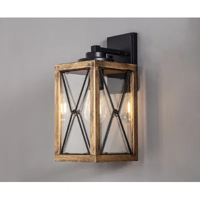 Liss Large Wall Lamp, 1 x E27, Wood Effect And Black Clear Glass, IP54, 2yrs Warranty