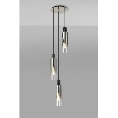 Bexley Round Pendant, 3 Light Adjustable E27, Black Smoke Fade Glass