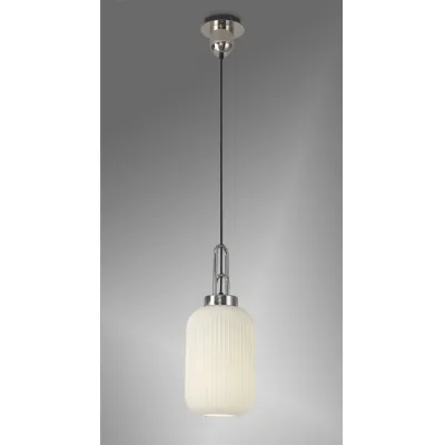 Epsom 1 Light Pendant E27 With 20cm Tubular Ribbed Glass, Opal Polished Nickel Matt Black