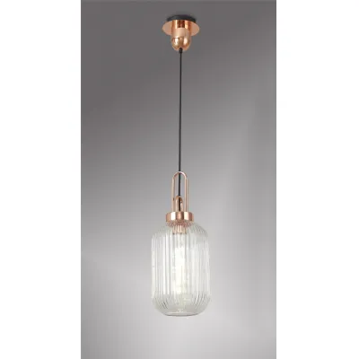 Epsom 1 Light Pendant E27 With 20cm Tubular Ribbed Glass, Clear Copper Matt Black