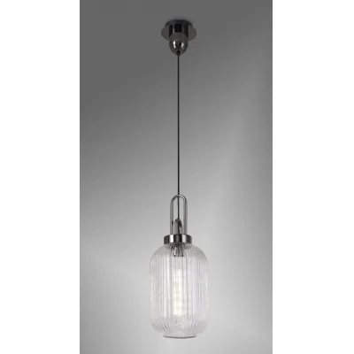 Epsom 1 Light Pendant E27 With 20cm Tubular Ribbed Glass, Clear Black Chrome Matt Black