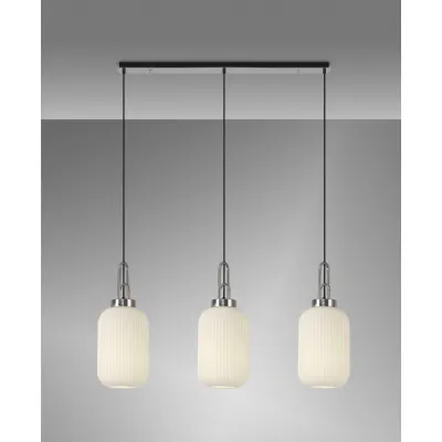 Epsom Linear 3 Light Pendant E27 With 20cm Tubular Ribbed Glass, Opal Polished Nickel Matt Black