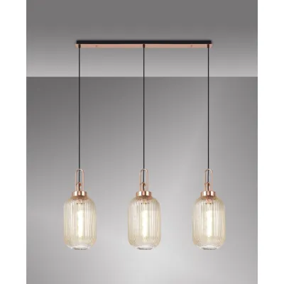 Epsom Linear 3 Light Pendant E27 With 20cm Tubular Ribbed Glass, Champagne Copper Matt Black