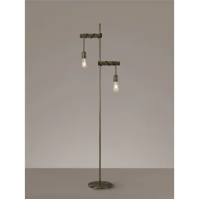 Sheerness Floor Lamp, 2 x E27, Medium Oak Antique Brass