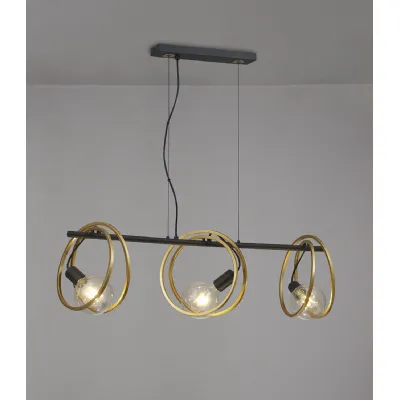 Battersea Double Ring Linear Pendant, 3 Light E27, Matt Black Painted Gold, G95 120 Lamp Recommended