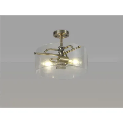 Royal Semi Flush Ceiling, 2 Light E27, Antique Brass Clear Glass