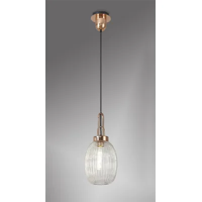 Epsom 1 Light Pendant E27 With 20cm Almond Ribbed Glass, Clear Copper Matt Black