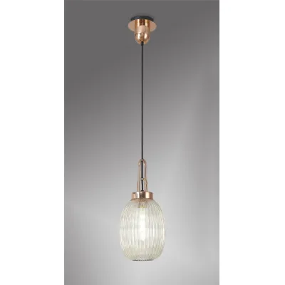 Epsom 1 Light Pendant E27 With 20cm Almond Ribbed Glass, Champagne Copper Matt Black