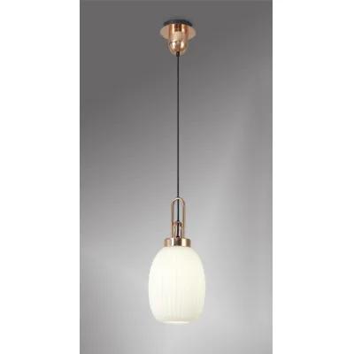 Epsom 1 Light Pendant E27 With 20cm Almond Ribbed Glass, Opal Copper Matt Black