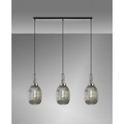 Epsom Linear 3 Light Pendant E27 With 20cm Almond Ribbed Glass, Smoked Polished Nickel Matt Black