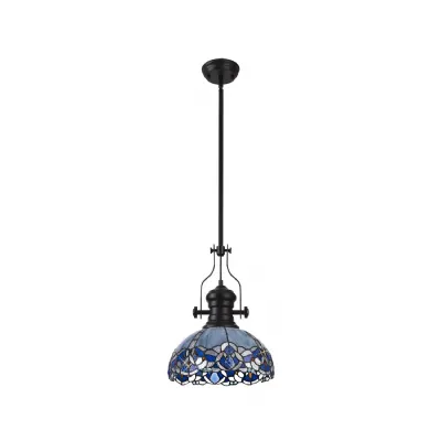 Ardingly 1 Light Pendant E27 With 30cm Tiffany Shade, Matt Black Blue Clear Crystal