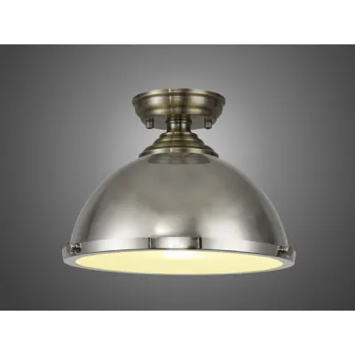 Billericay 1 Light Flush Ceiling E27 With Round 31cm Metal Shade Antique Brass Polished Nickel Frosted White