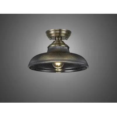 Billericay 1 Light Flush Ceiling E27 With Round 30cm Glass Shade Antique Brass Smoked