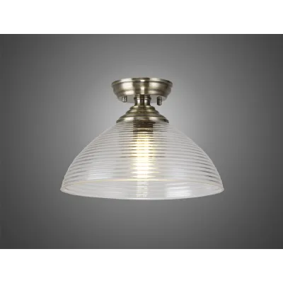 Billericay 1 Light Flush Ceiling E27 With Round 33.5cm Prismatic Effect Glass Shade Antique Brass Clear