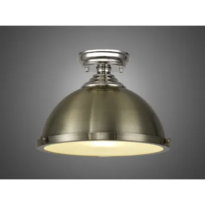 Billericay 1 Light Flush Ceiling E27 With Round 31cm Metal Shade Polished Nickel Antique Brass Frosted White