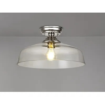 Billericay 1 Light Flush Ceiling E27 With Flat Round 38cm Glass Shade Polished Nickel Clear