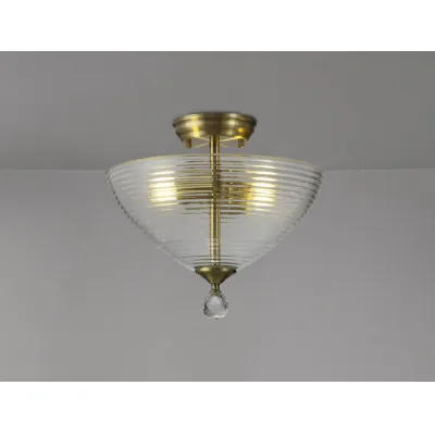 Billericay 2 Light Semi Flush Ceiling E27 With Round 33.5cm Prismatic Effect Glass Shade Antique Brass Clear