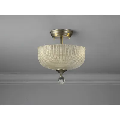 Billericay 2 Light Semi Flush Ceiling E27 With Round 26.5cm Prismatic Effect Glass Shade Satin Nickel Clear
