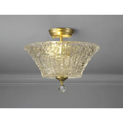 Billericay 2 Light Semi Flush Ceiling E27 With Round 38cm Patterned Glass Shade Satin Gold Clear