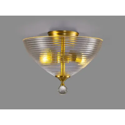Billericay 2 Light Semi Flush Ceiling E27 With Round 33.5cm Prismatic Effect Glass Shade Satin Gold Clear