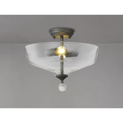 Billericay 2 Light Semi Flush Ceiling E27 With Flat Round 38cm Glass Shade Graphite Clear