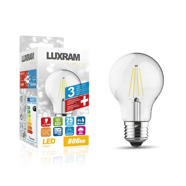 Value Classic LED GLS E27 Dimmable 6.5W Cool White 4000K, 806lm, Clear Finish, 3yrs Warranty