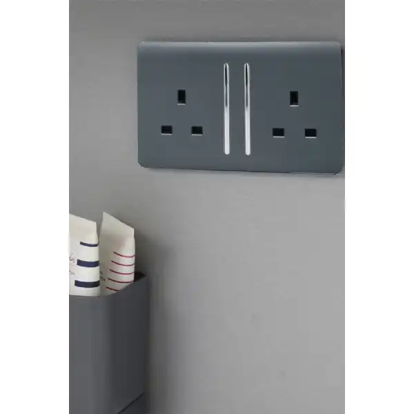 Trendi, Artistic Modern 2 Gang 13Amp Long Switched Double Socket Warm Grey Finish, BRITISH MADE, (25mm Back Box Required), 5yrs Warranty