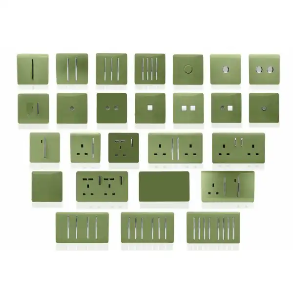 Trendi, Artistic Modern 4 Gang (1x 2 Way 3x 3 Way Intermediate Twin Plate) Moss Green, BRITISH MADE, (25mm Back Box Required), 5yrs Warranty