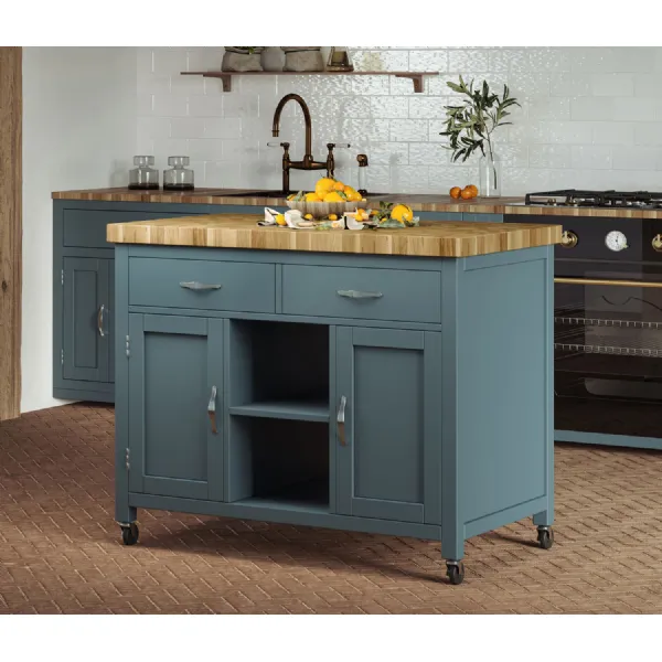 Blue Painted Kitchen Island with Butchers Block Top on Wheels