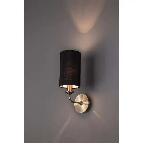 Banyan 1 Light Switched Wall Lamp, E14 Antique Brass c w 120mm Faux Silk Shade, Black