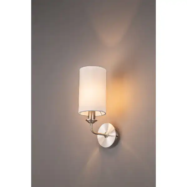 Banyan 1 Light Switched Wall Lamp, E14 Satin Nickel c w 120mm Faux Silk Shade, White
