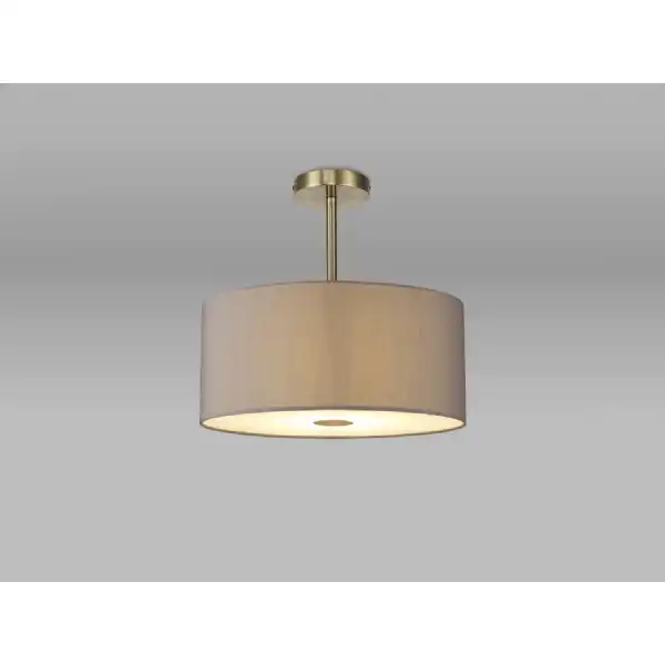 Baymont Antique Brass 1 Light E27 Semi Flush c w 400mm Faux Silk Shade, Grey White Laminate c w 400mm Frosted AB Acrylic Diffuser