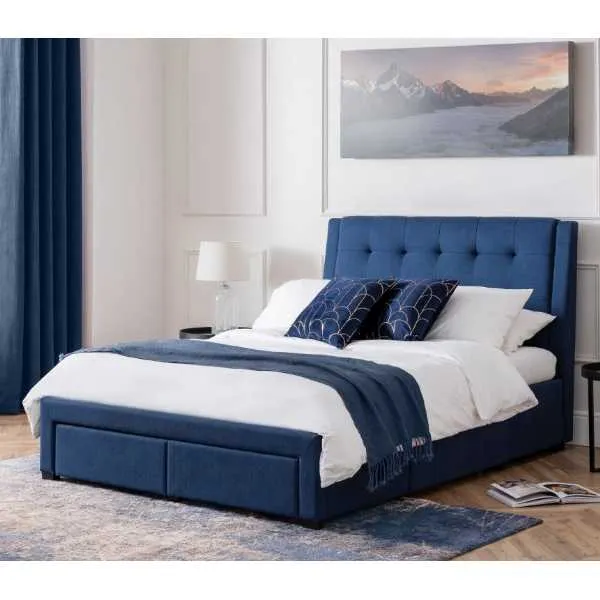 Blue Linen Fabric Upholstered 4 Drawer 150cm King Size 5ft Bed on Black Legs