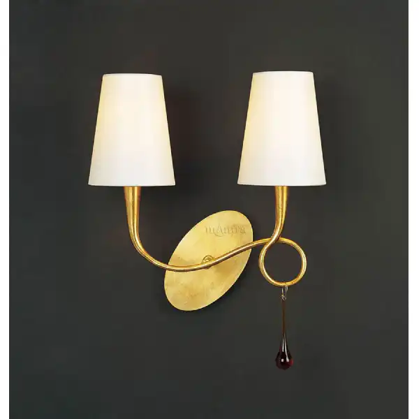 Paola Wall Lamp 2 Light E14, Gold Painted With Cream Shades And Amber Glass Droplets