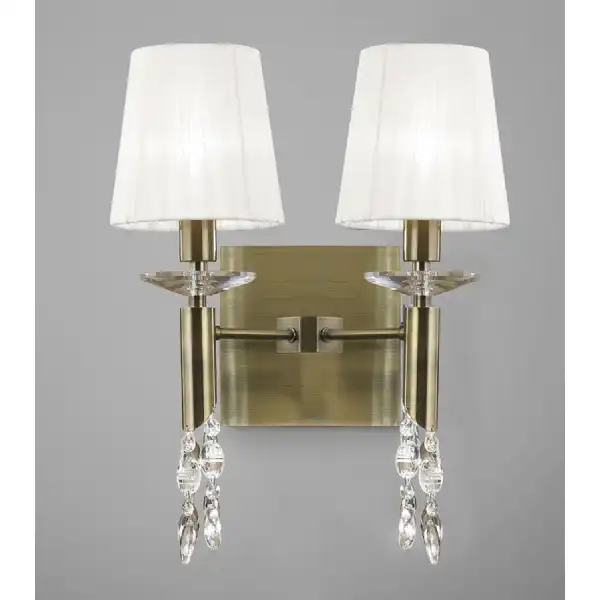 Tiffany Wall Lamp Switched 2+2 Light E14+G9, Antique Brass With White Shades And Clear Crystal