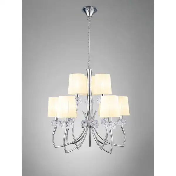 Loewe 2 Tier Pendant 6+3 Light E14, Polished Chrome With Cream Shades