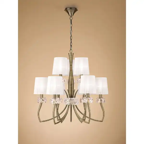 Loewe 2 Tier Pendant 6+3 Light E14, Antique Brass With White Shades