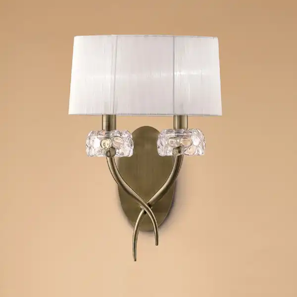 Loewe Wall Lamp Switched 2 Light E14, Antique Brass With White Shade