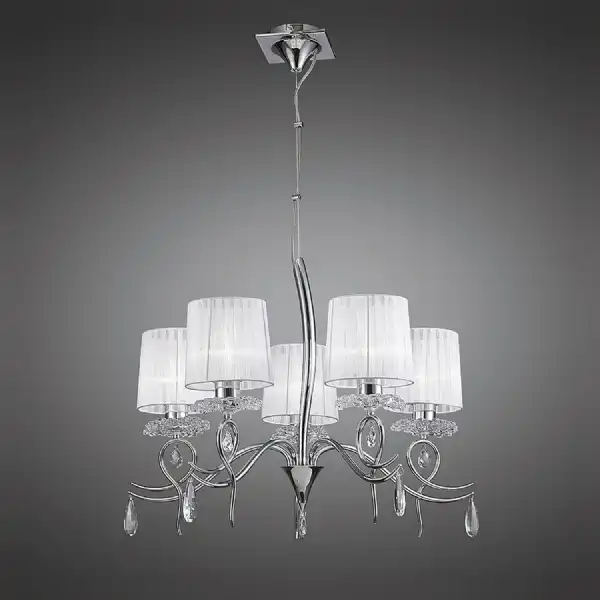 Louise Pendant 5 Light E27 With White Shades Polished Chrome Clear Crystal