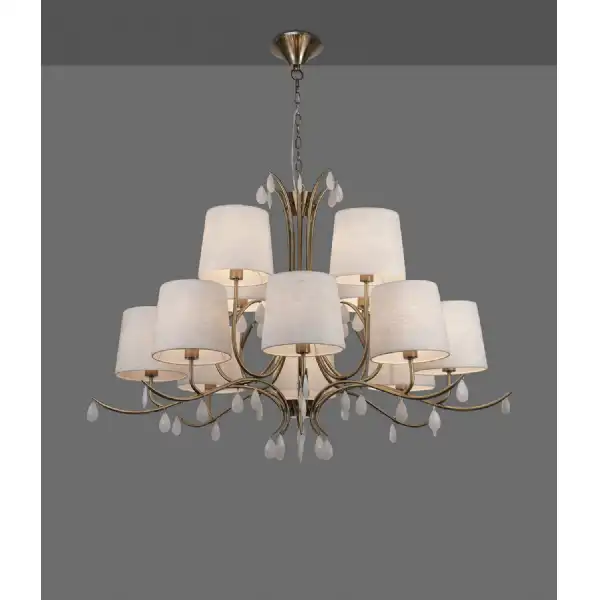 Andrea Pendant 100cm Round, 8+4 x E14 (Max 20W), Antique Brass, White Shades, White Crystal Droplets