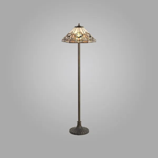 Knebworth 2 Light Stepped Design Floor Lamp E27 With 40cm Tiffany Shade, White Grey Black Clear Crystal Aged Antique Brass